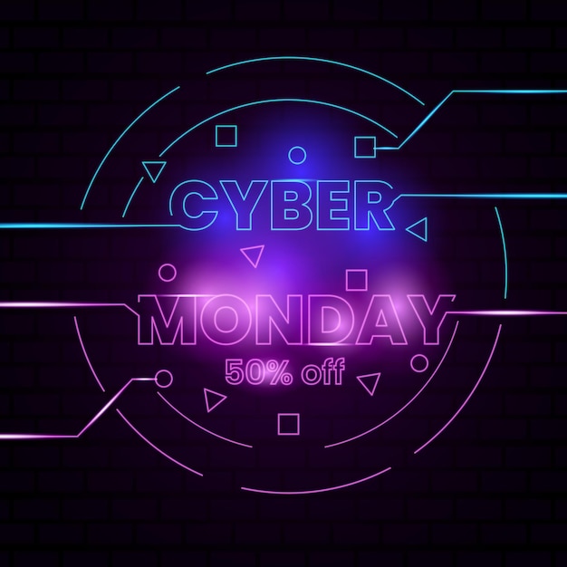 Вектор Неоновый баннер cyber monday текст и название cyber monday кибер понедельник продажи горизонтальный плакат