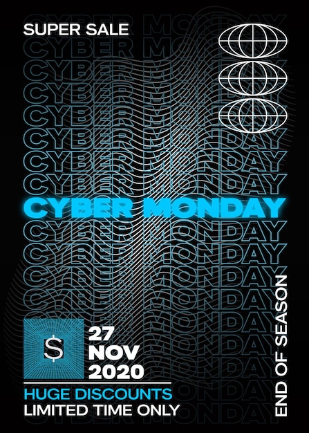 Vector neon cyber monday typography banner poster or flayer template