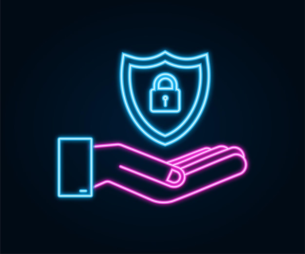 Неоновый векторный логотип кибербезопасности с щитом и галочкой руки, держащие знак кибербезопасности
