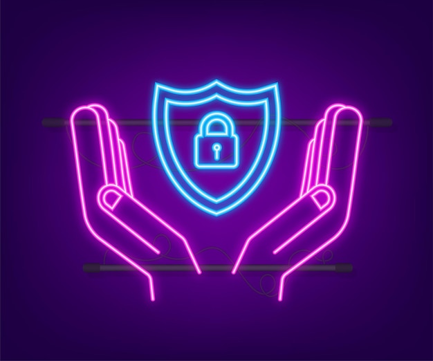 Neon cyber security vector logo with shield and check mark Hands holding cyber secure sign