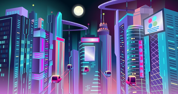 Neon cyberpunk stad van de toekomst met het verkeer van vliegende auto's 's nachts. vector illustratie.