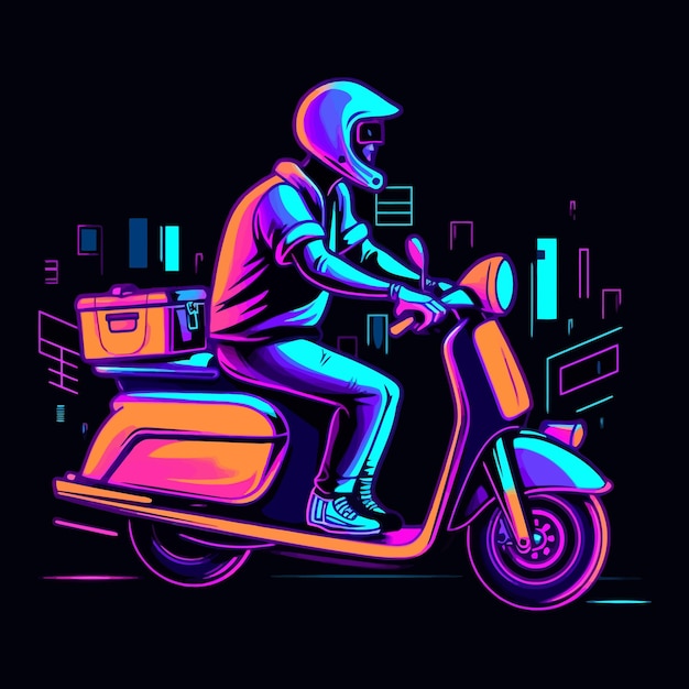 Neon delivery bike icon Line fast courier motorcycle illustration Glowing scooter logo Vector EPS 10