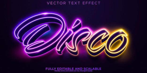 Vector neon disco text effect editable shiny and glowing text style