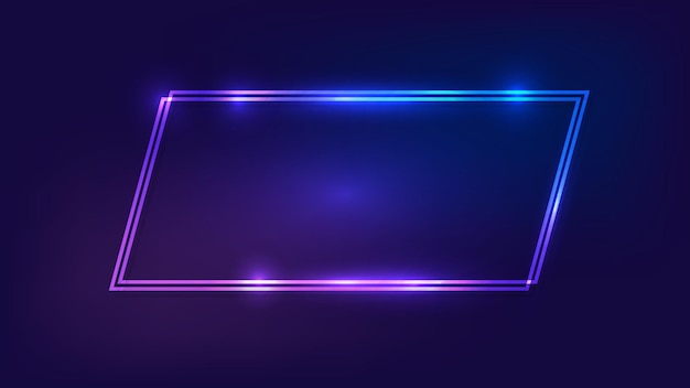 Neon double quadrangle frame with shining effects on dark background. empty glowing techno backdrop. vector illustration.