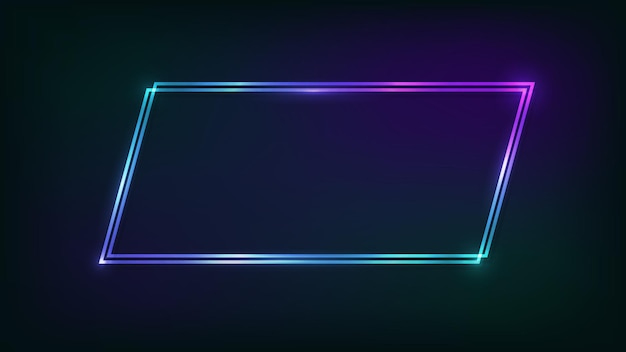 Neon double quadrangle frame with shining effects on dark background empty glowing techno backdrop