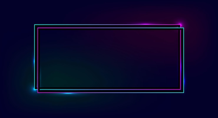 Vector neon double rectangular frame with shining effects on a dark background.