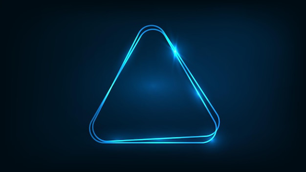 Neon double rounded triangle frame with shining effects on dark background. empty glowing techno backdrop. vector illustration.