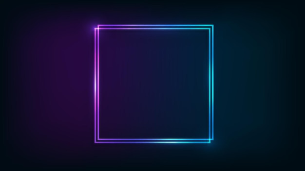 Neon double square frame with shining effects on dark background Empty glowing techno backdrop