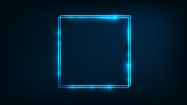 Neon double square frame with shining effects on dark background empty glowing techno backdrop