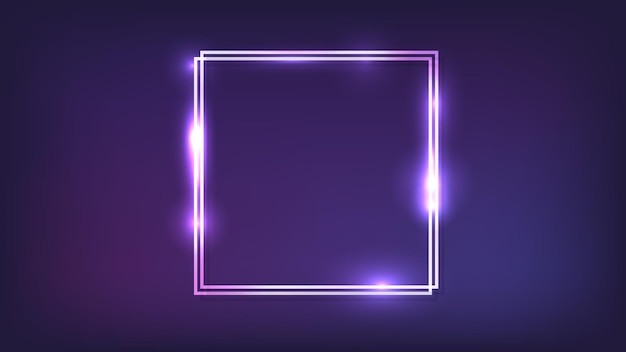 Vector neon double square frame with shining effects on dark background empty glowing techno backdrop