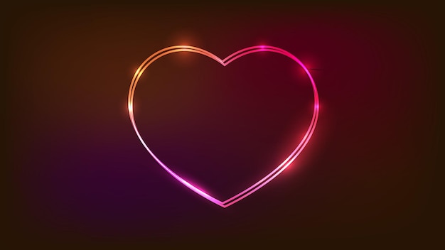 Neon dubbel frame in hartvorm met glanzende effecten op donkere achtergrond. Lege gloeiende techno achtergrond. Vector illustratie.