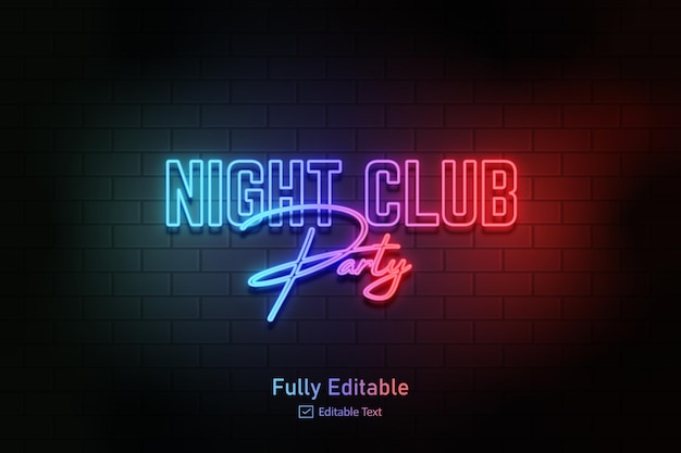 Vector neon effect logo for neon text effect and neon light night party editable text effect and night club