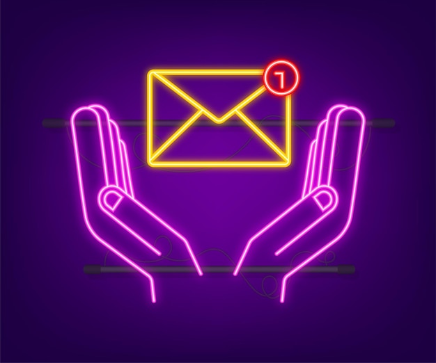 Concetto di notifica e-mail al neon con le mani. nuova email. illustrazione vettoriale.