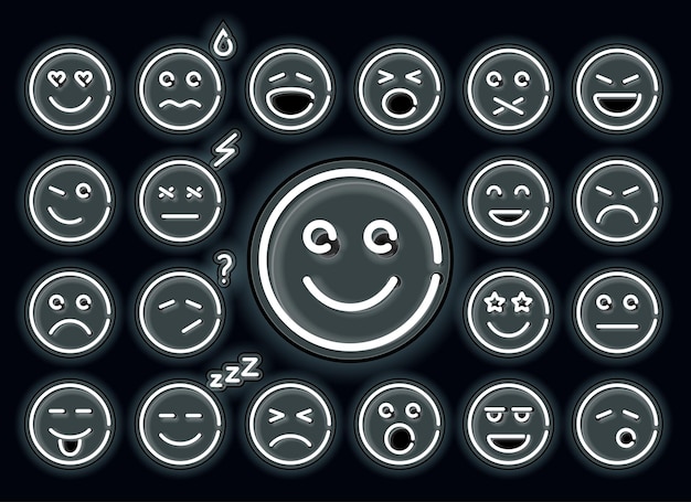 Neon emotions set. Set of emoticons, glowing emoji isolated on black background.