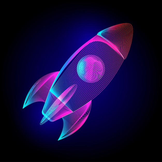 Neon flying rocket. business start up launch sign. in ultraviolet wireframe line-art style on a dark background