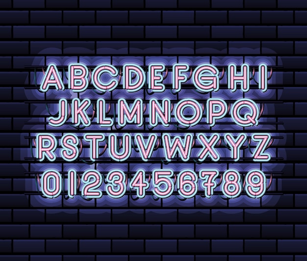 Neon font alphabet and numbers of pink and blue color on dark blue illustration design