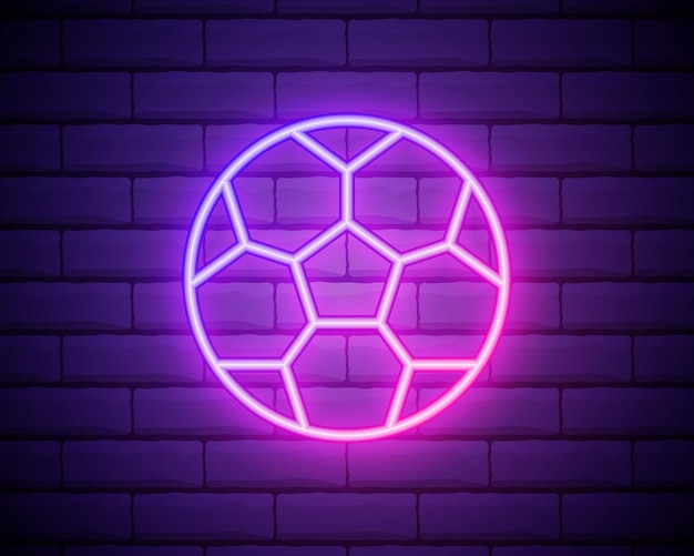 Neon football ball in pink color Vector illustration of soccer ball consisting of outlines with backlight on the dark brick wall background