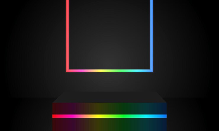 Vector neon frame glows against the background emitting bright light on a sleek base