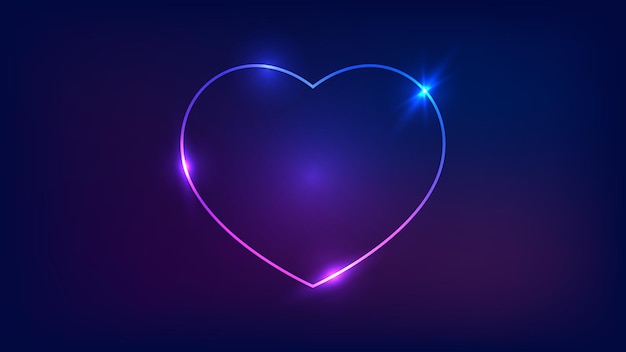 Neon frame in heart form with shining effects on dark background. empty glowing techno backdrop. vector illustration.