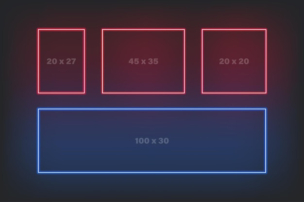 Неоновая рамка прямоугольная граница блестящая коллекция. Рамки светодиодных ламп ярко сияют на темном фоне.