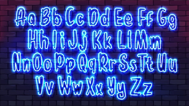 Neon futuristic hand font. Luminous tube alphabet uppercase lowercase letters on a dark brick wall background.