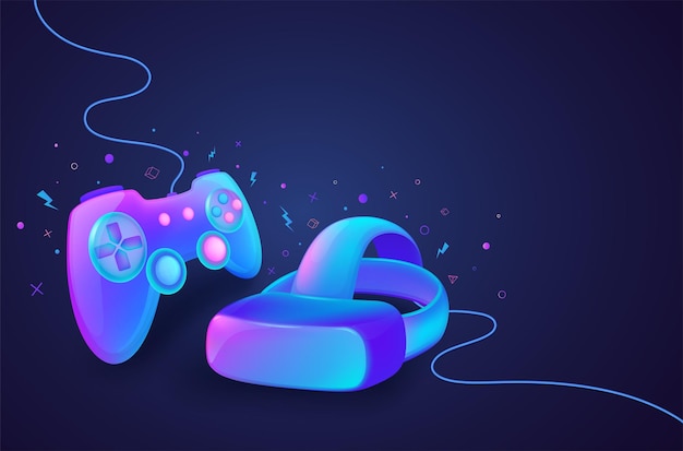 Neon-gamecontroller met virtual reality-bril om computer- en consolegames te besturen Futuristisch technologiespelconcept in cartoonstijl