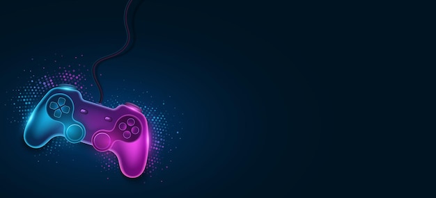 Neon gamepad met draad voor videospel Moderne joystick met gloed- en halftone-effect voor spelconsole Achtergrond voor eSports-evenement Vectorillustratie