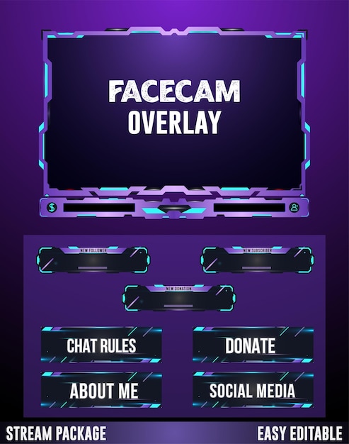 Design dell'elemento del pannello di avviso facecam in diretta streaming di giochi al neon