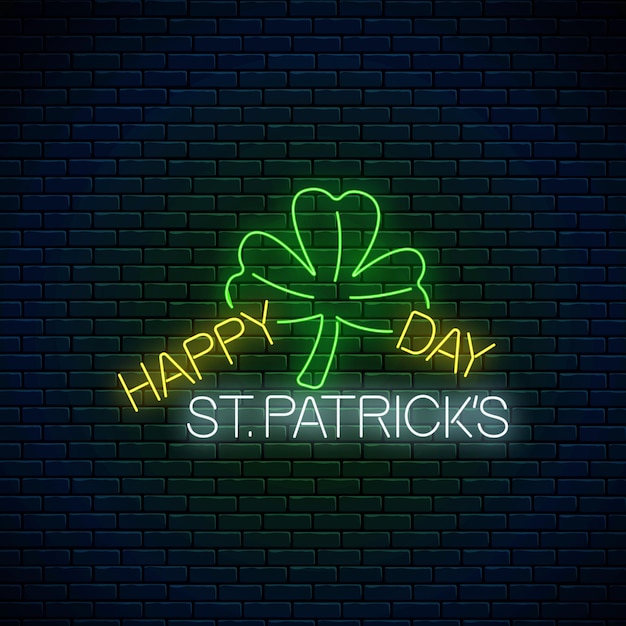 Neon gloeiend teken van gelukkige st. Patrick dag tekst en klaverblad op een donkere bakstenen muur achtergrond. Groene klaver als symbool van de nationale feestdag van Ierland. Vector illustratie.