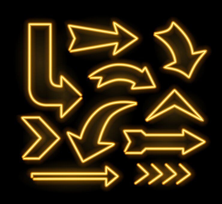Neon gloeiende pijlwijzer ingesteld op donkere achtergrond. Kleurrijke en glanzende retro lichtbordcollectie.