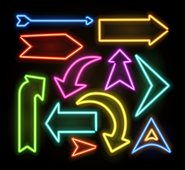 Neon gloeiende pijlwijzer ingesteld op donkere achtergrond. Kleurrijke en glanzende retro lichtbordcollectie.