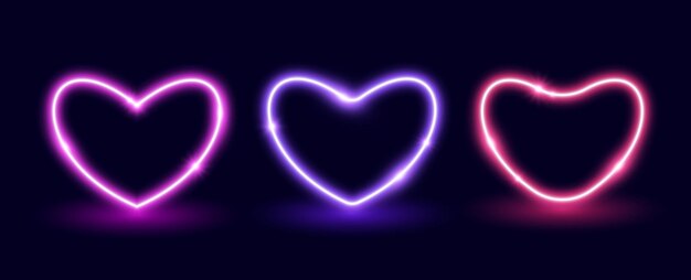 Vector neon glow heart frame set illuminated colorful heartshaped sign collection neon color lighting