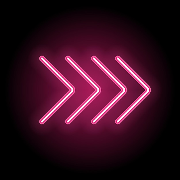 Neon glowing arrow pointer on dark background colorful and shining retro light sign