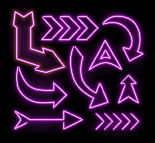 Neon glowing arrow pointer set  on dark background. Colorful and shining retro light sign collection. 
