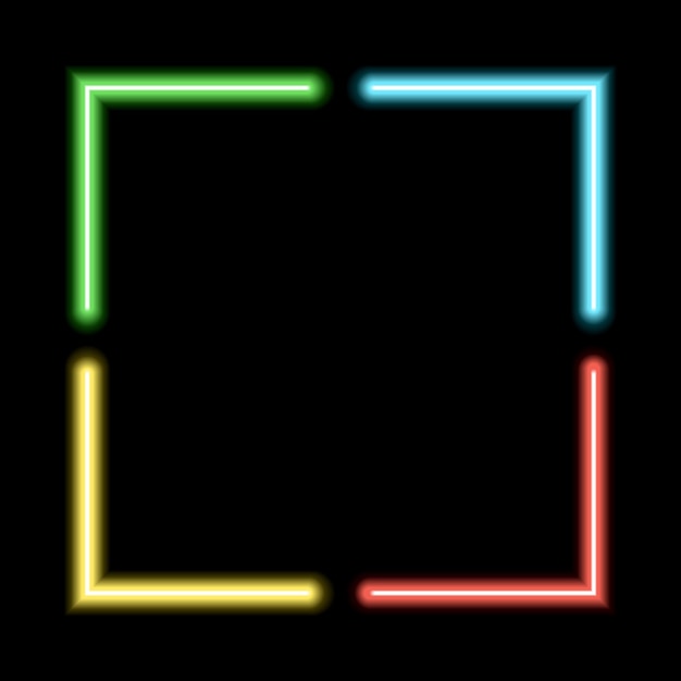 Vector neon glowing frame esquare illuminated geometric shape sign template design element bright multicolored rectangular with blank emptyspace inside