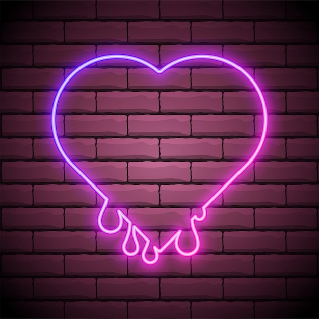 Cuore luminoso al neon sullo sfondo del muro di mattoni cuore luminoso a gradiente isolato