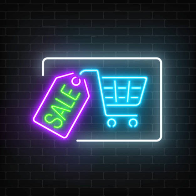 Neon glowing sale sign with shopping cart and tag on a dark brick wall Luminous advertising signboard.