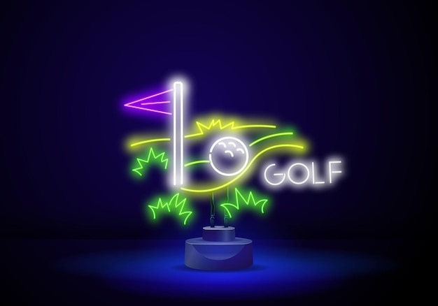 Vector neon golf course a golf course of varying difficulty golf playing field holes with flags and ball icon outline neon style golf field neon light sign vector