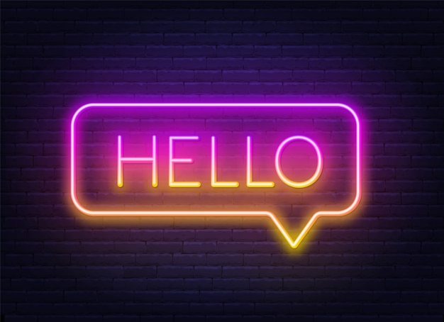 Neon gradient sign of word hello in speech bubble frame on dark background.