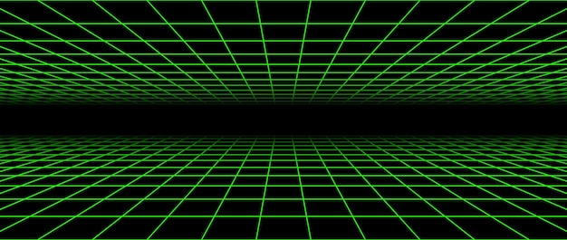 Neon green flat wireframe grid Vanishing checkered floor and ceiling concept Horizontal chessboard