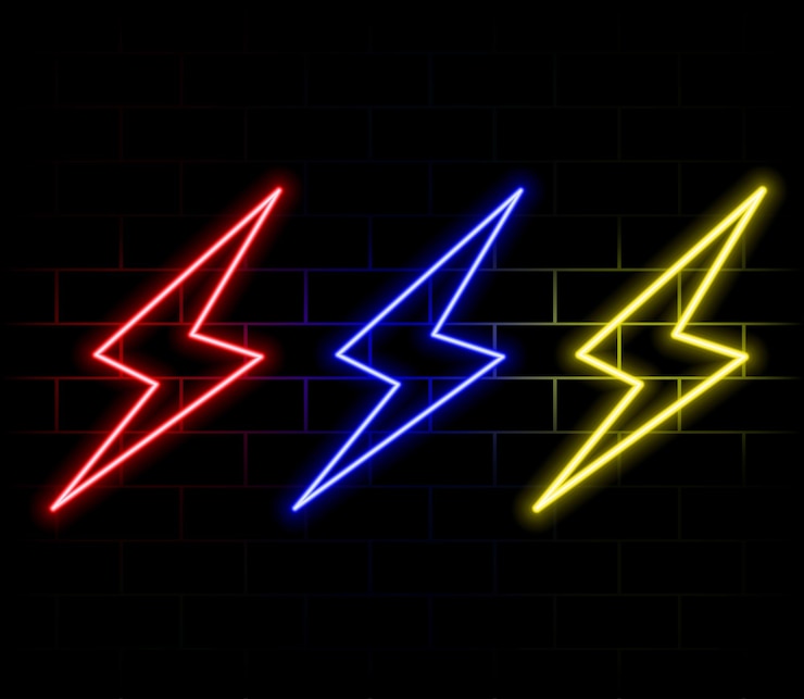 Vector neon green and pink color fast power charging icon on black background glowing neon charging icon po