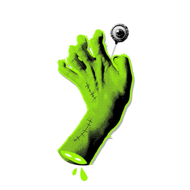 Neon green zombie monster hand holding zombie eye lollipop halftone grungy scary halloween clip art demon hand halftone collage for mixed media design vector illustration isolated
