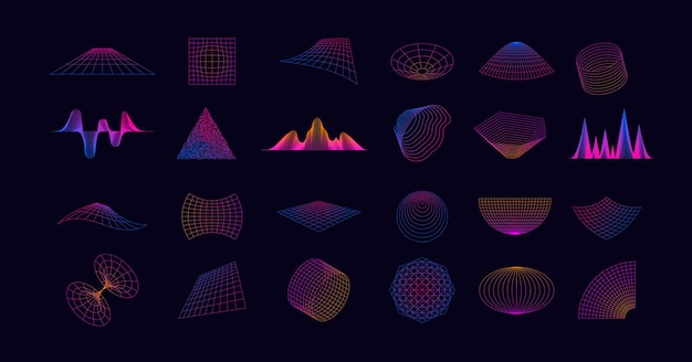 Neon grid collection Retro cyberpunk glitch elements abstract futuristic geometric shapes for virtual reality game design Vector set