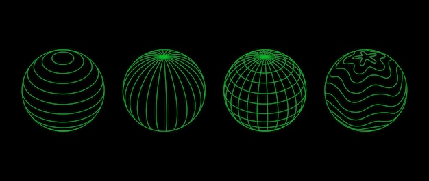 Neon groene draadframe bollen collectie 3D-overzichtsbollen met verschillende rasterpatronen Geometrisch