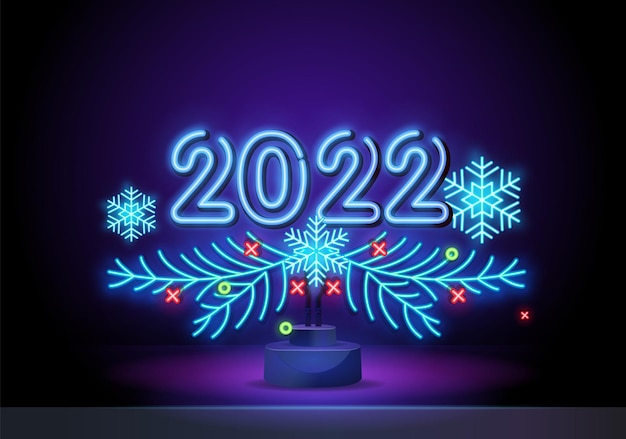 Neon groet belettering gelukkig nieuwjaar 2022 op donkere feestelijke achtergrond met veelkleurige sterren. eps 10 vectorillustratie
