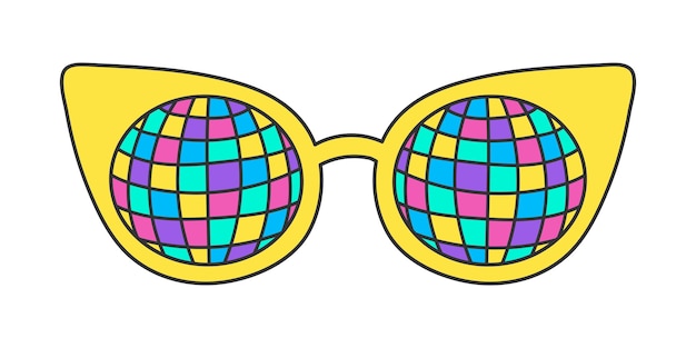 Neon groovy sunglasses on a white background vintage hippie accessory Cat eye frame disco ball