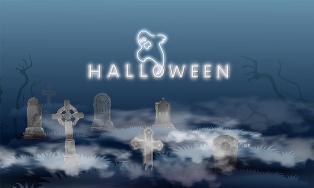 Iscrizione di halloween al neon con un fantasma un vecchio cimitero di notte con sagome di anime morte tombe nebbia mezzanotte al buio scena spaventosa di halloween illustrazione orizzontale di vettore del fumetto