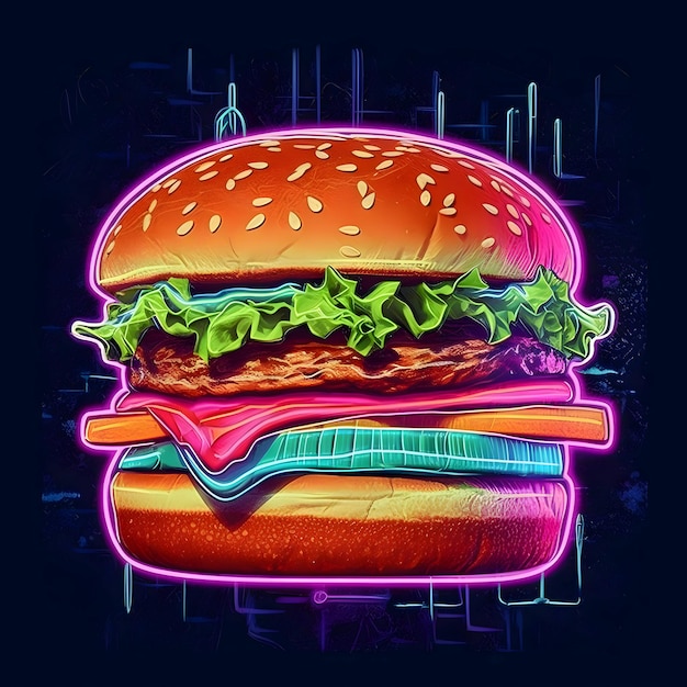 Vettore logo hamburger al neon su sfondo scuro