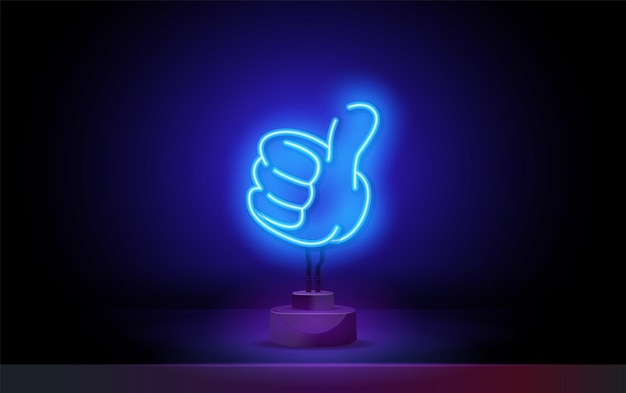 Neon hand gesture icons thumbs up sign of approval direction logo or emblem with bright neon light