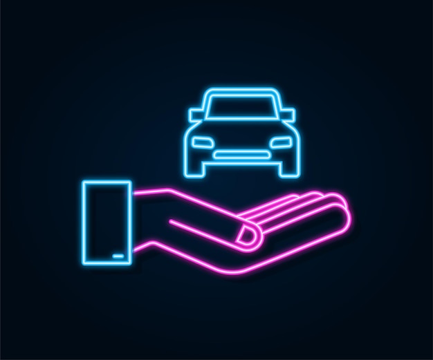 Neon hand met auto, geweldig ontwerp voor elk doel. Cartoon vectorillustratie.